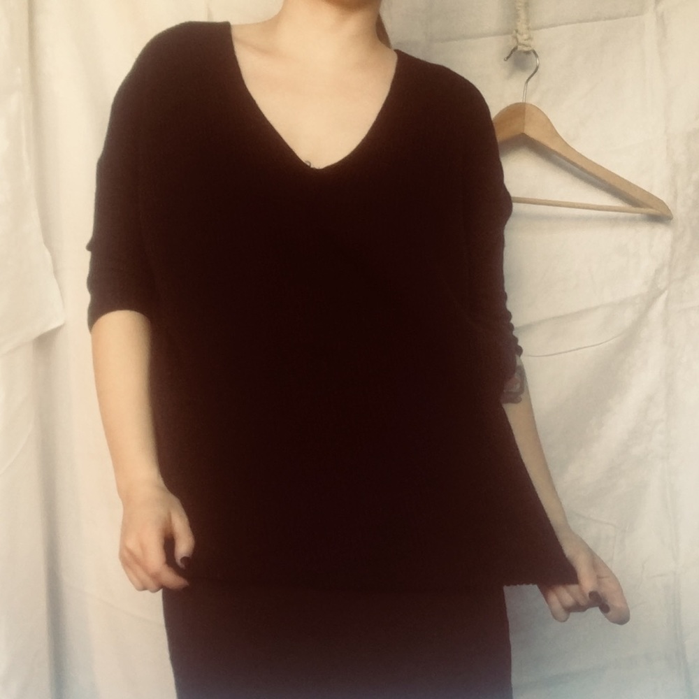 Slouchy Black Ribbed V Neck Sweater
